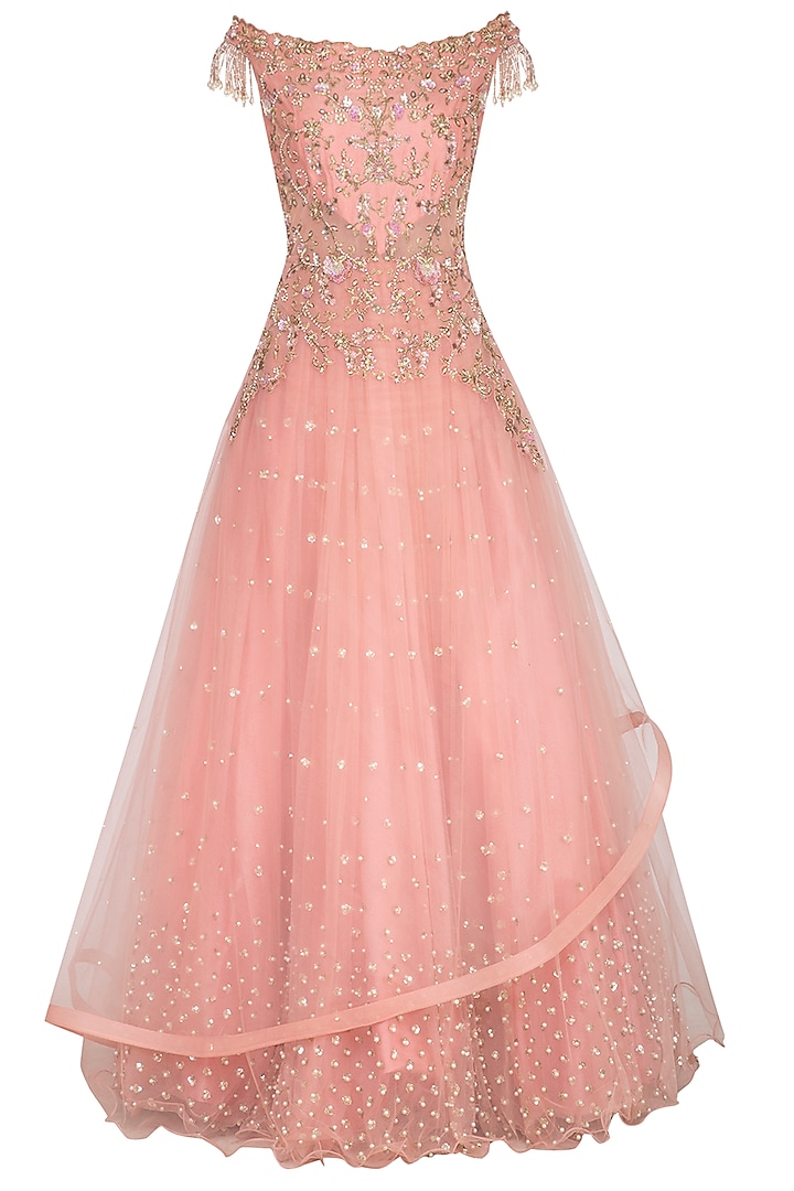 Blush Pink Embroidered Off Shoulder Gown by Sanna Mehan