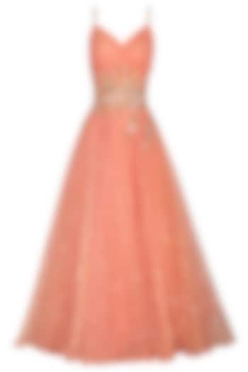 Peach Embellished Strappy Gown by Sanna Mehan