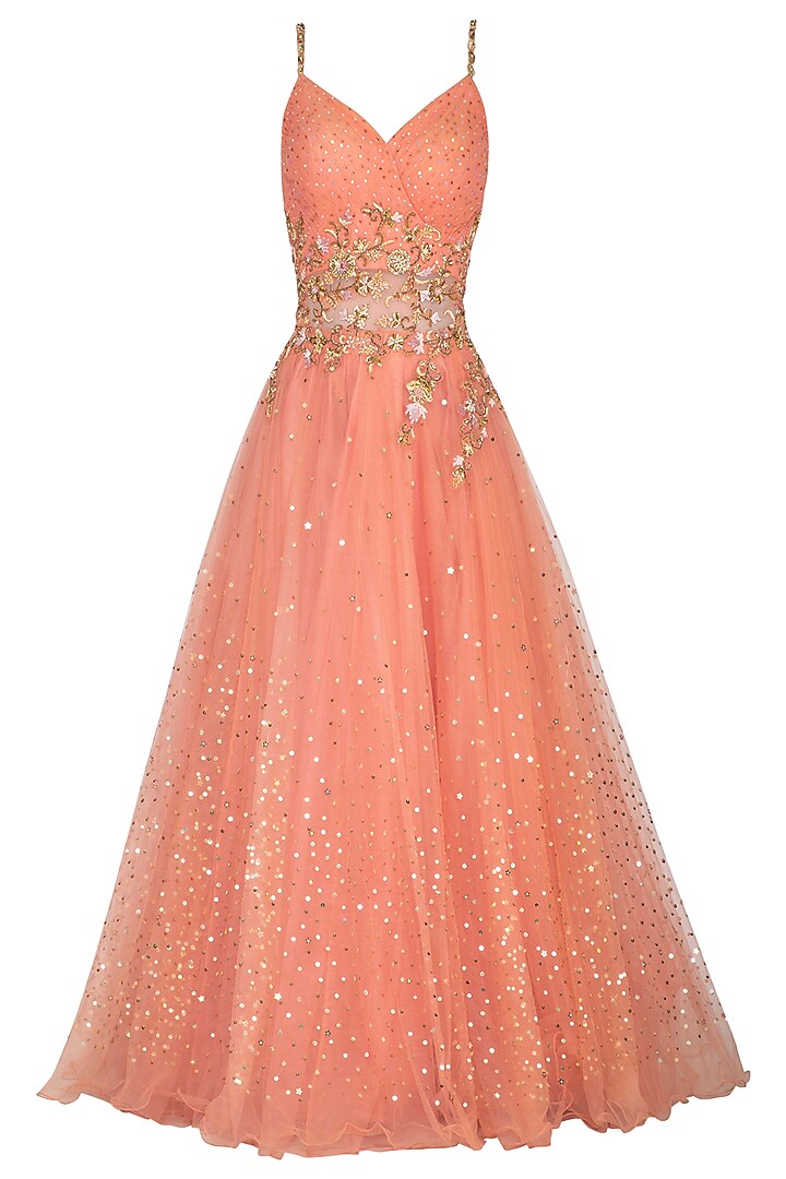 Peach Embellished Strappy Gown Design by Sanna Mehan at Pernia's Pop Up ...