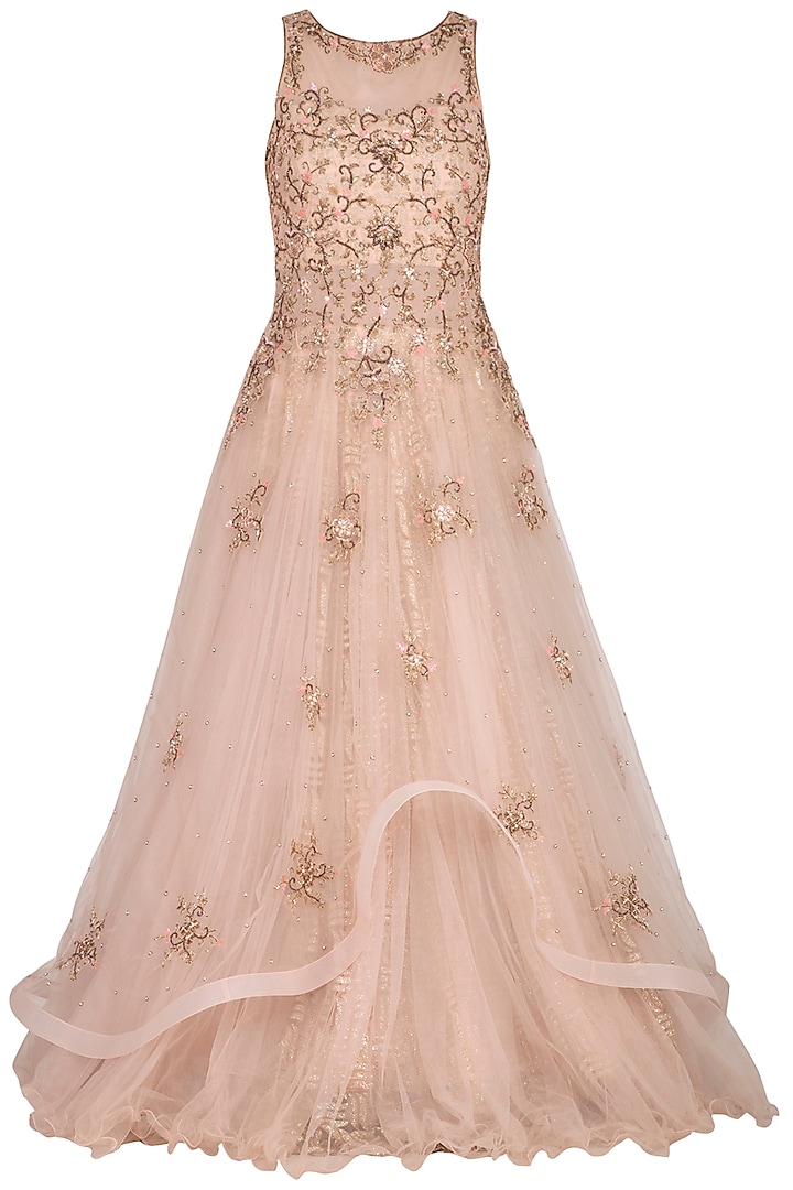 Nude Embroidered Flared Gown by Sanna Mehan