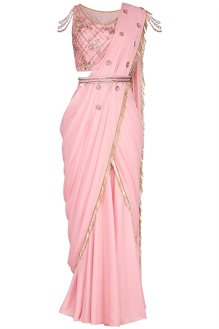 Blush Pink Embroidered Saree Set With Belt by Sanna Mehan