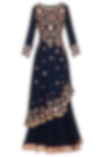 Midnight Blue Embroidered Kurta With Skirt & Dupatta by Sanna Mehan