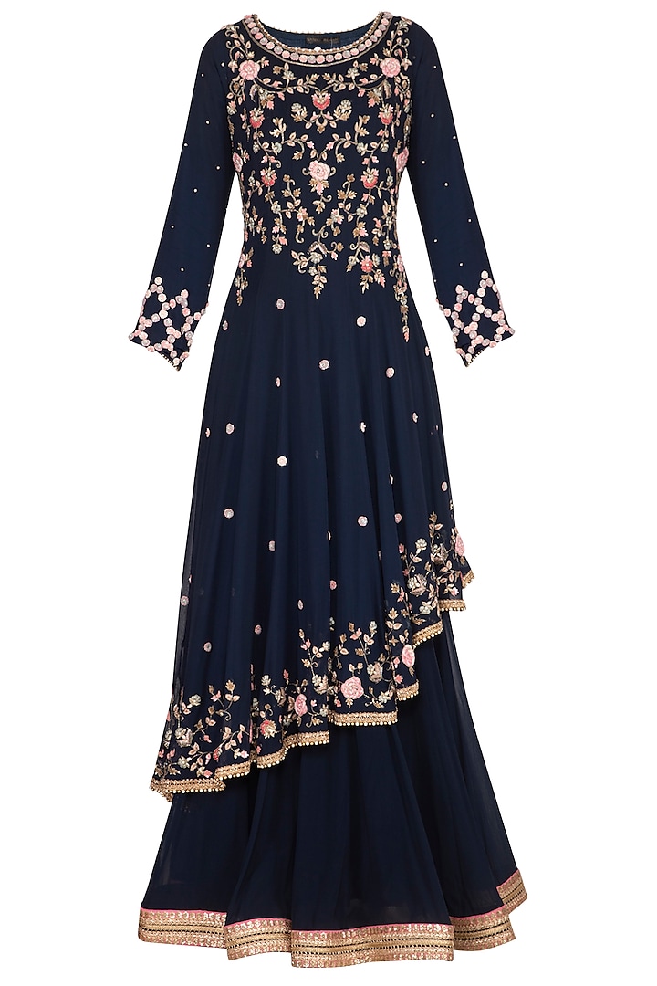 Midnight Blue Embroidered Kurta With Skirt & Dupatta by Sanna Mehan
