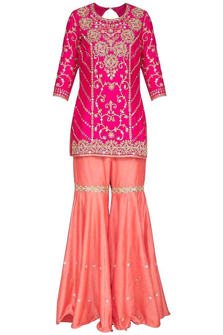 Hot Pink Embroidered Sharara Set by Sanna Mehan