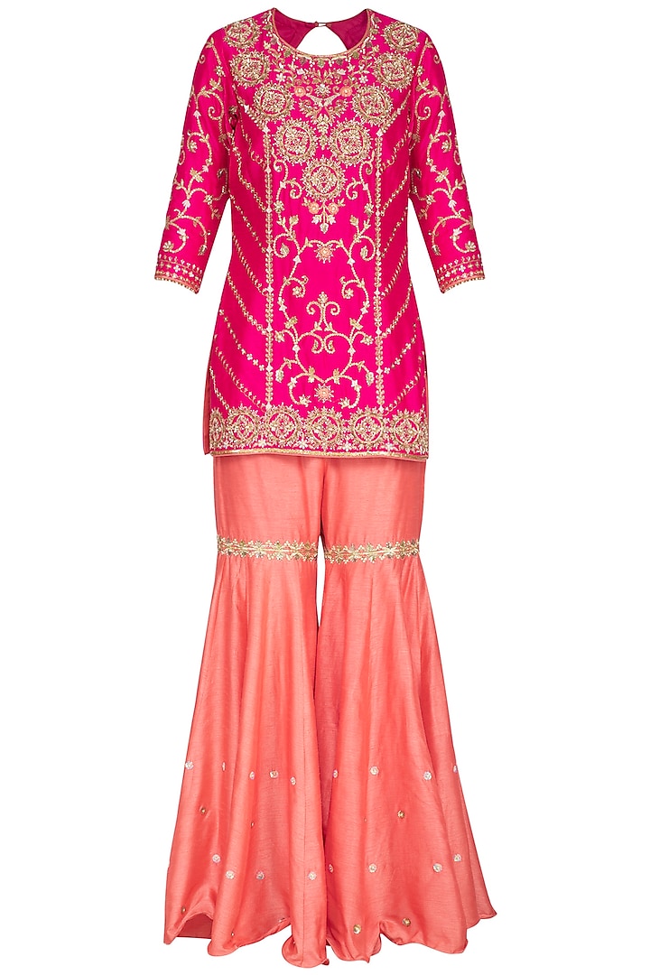 Hot Pink Embroidered Sharara Set by Sanna Mehan at Pernia's Pop Up Shop