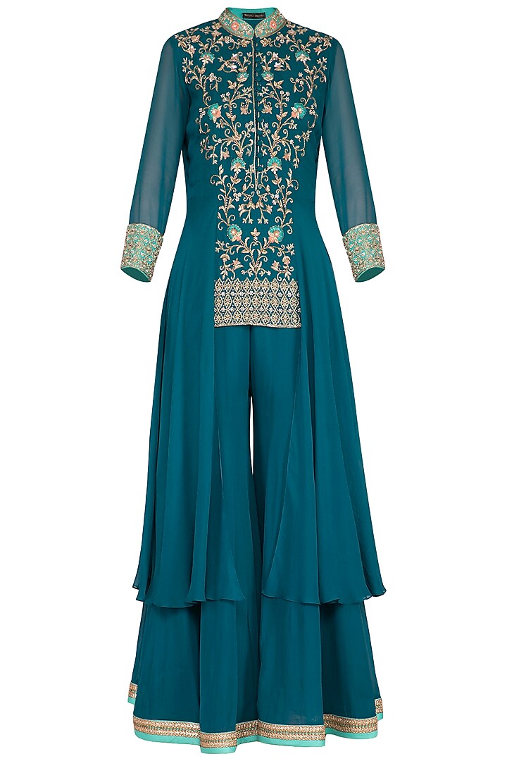 Teal Blue Embroidered Sharara Set by Sanna Mehan