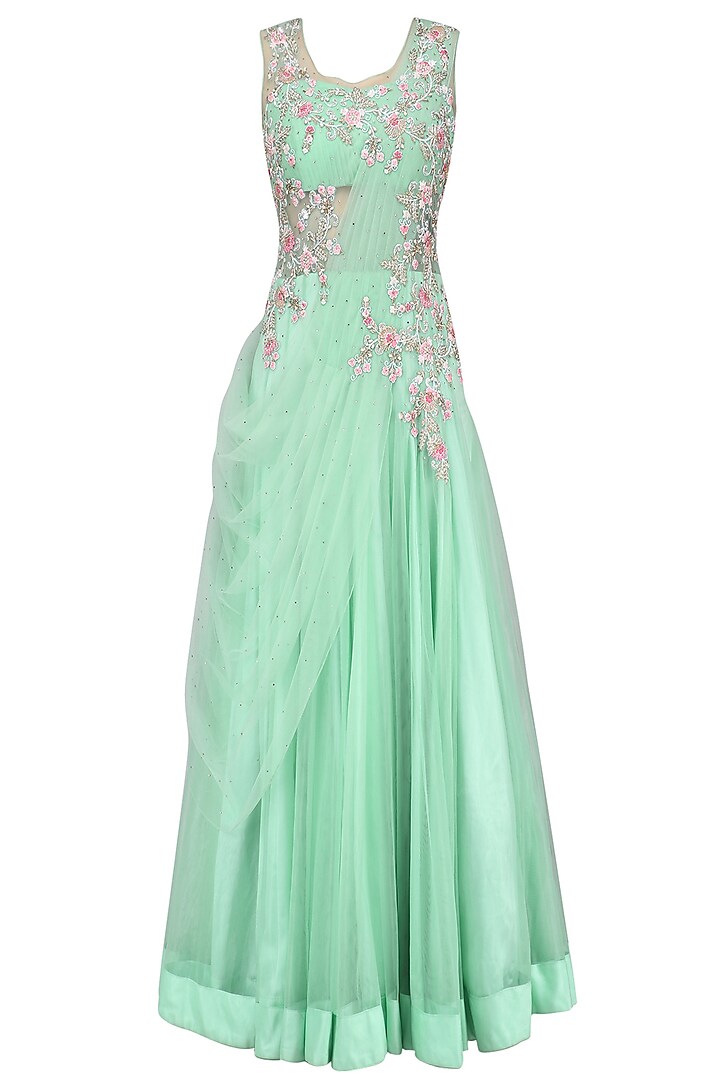 Mint Green Floral Zardozi and Sequins Embroidered Anarkali Gown by Sanna Mehan
