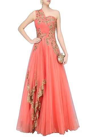 Wine Floral Zardozi and Sequins Embroidered One Shoulder Flared Gown by Sanna Mehan