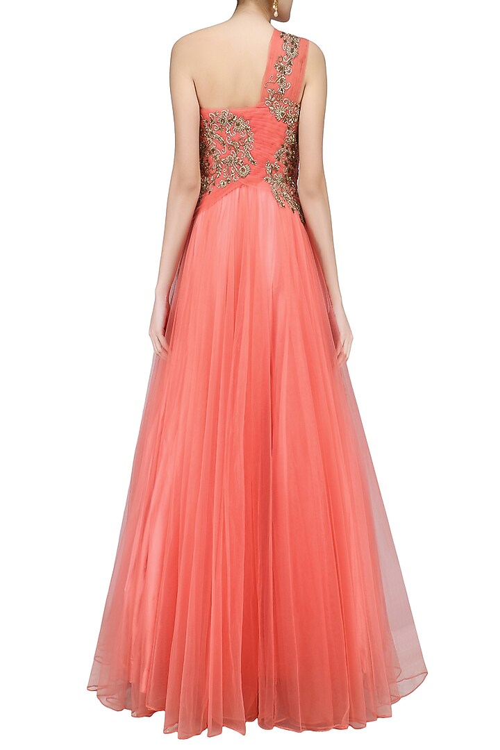 Wine floral zardozi and sequins embroidered one shoulder flared gown available only at Pernia's Pop Up Shop.