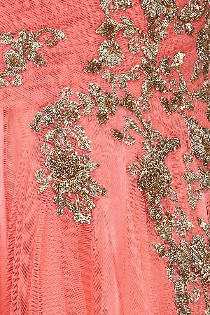 Wine floral zardozi and sequins embroidered one shoulder flared gown available only at Pernia's Pop Up Shop.