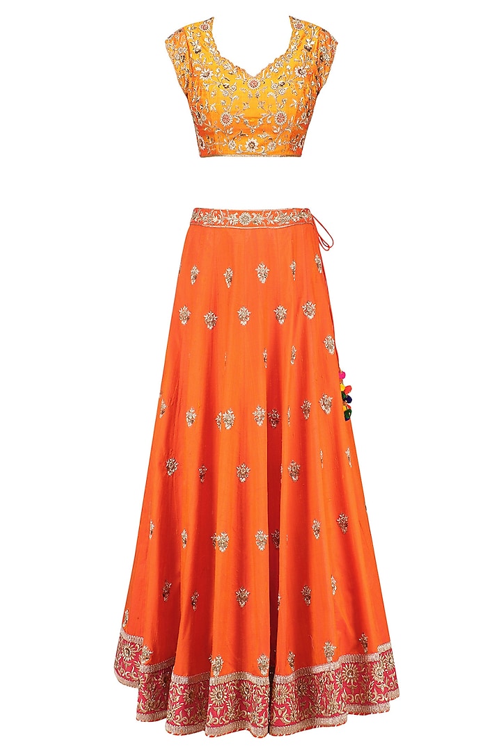 Mango Floral Motifs Blouse with Orange Flared Kalidaar Lehenga Skirt by Sanna Mehan
