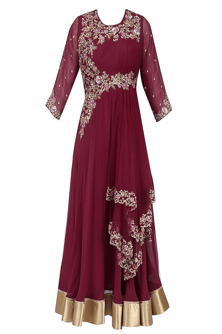Wine Floral Zardozi and Sequins Embroidered Flared Anarkali Gown by Sanna Mehan