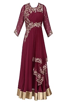 Mishka Wine Embroidered Flared Anarkali Gown Set