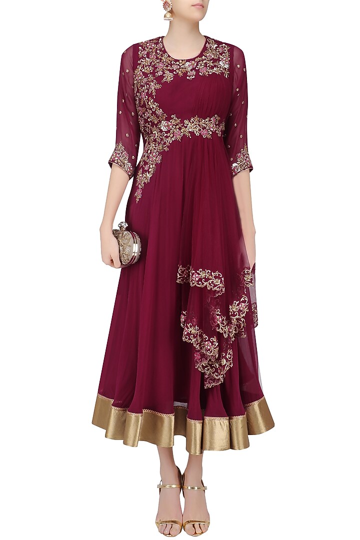 Ruby Colour Anarkali Cocktail Gown with zardozi and Swarovski Work