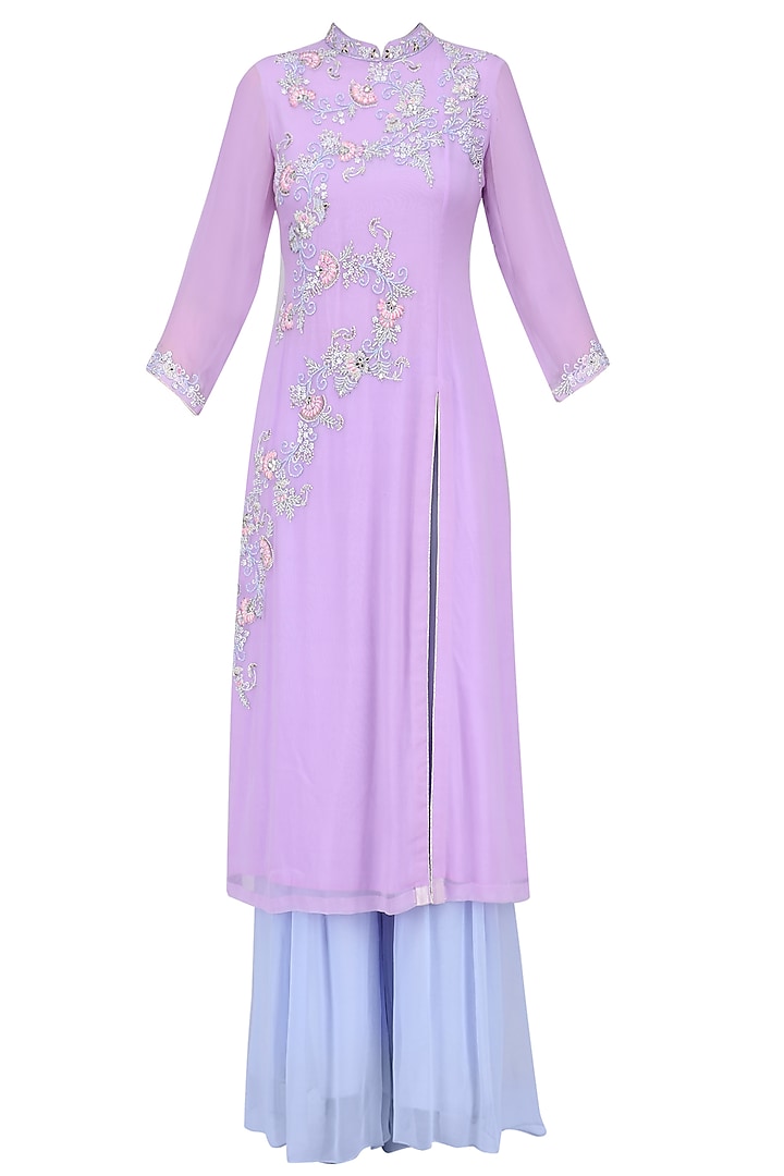 Lavender Floral Embroidered Long Kurta with Aqua Blue Sharara Pants by Sanna Mehan