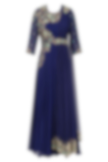 Navy Blue Floral Zardozi and Sequins Embroidered Flared Anarkali Gown by Sanna Mehan