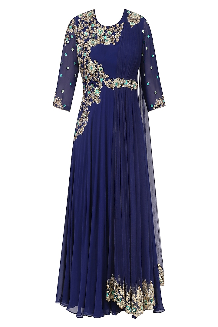 Navy Blue Floral Zardozi and Sequins Embroidered Flared Anarkali Gown by Sanna Mehan