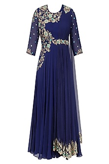 Navy blue floral zardozi and sequins embroidered flared anarkali gown ...