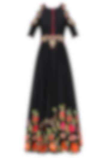 Black Floral Embroidered Cold Shoulder Flared Anarkali Set by Sanna Mehan