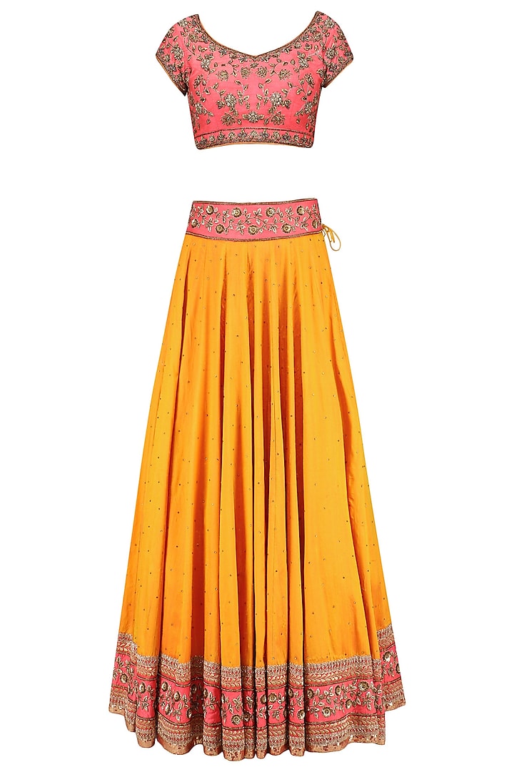 Pink Floral Embroidered Blouse and Mango Lehenga Skirt Set by Sanna Mehan