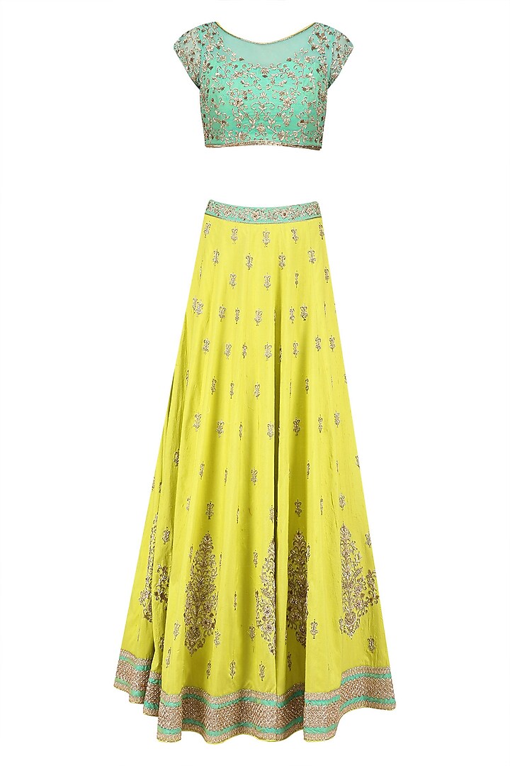 Green Floral Embroidered Blouse and Lemon Yellow Lehenga Skirt Set by Sanna Mehan