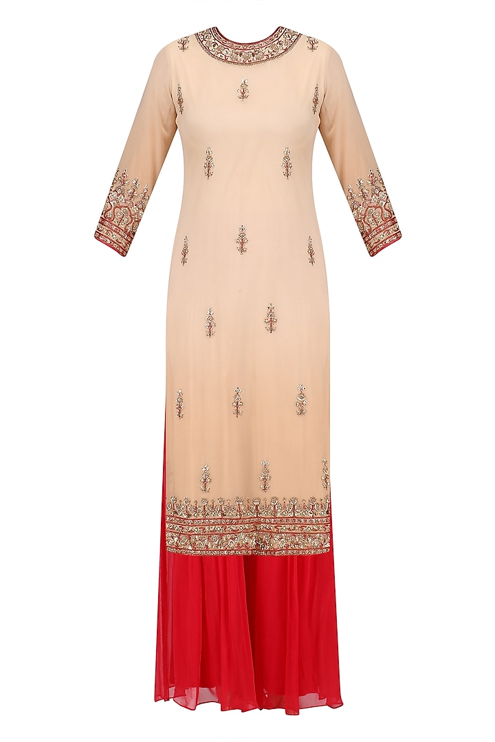 Beige Floral Embroidered Long Kurta and Red Sharara Pants Set by Sanna Mehan