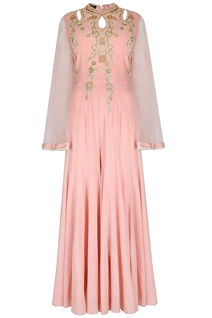 Pink Thread And Pearl Embroidered Jumpsuit by Sanna Mehan