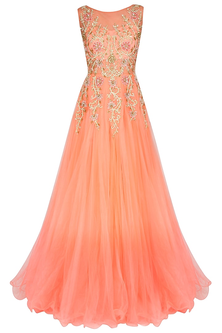 Peach Pink Ombre Appliqued Work Gown by Sanna Mehan