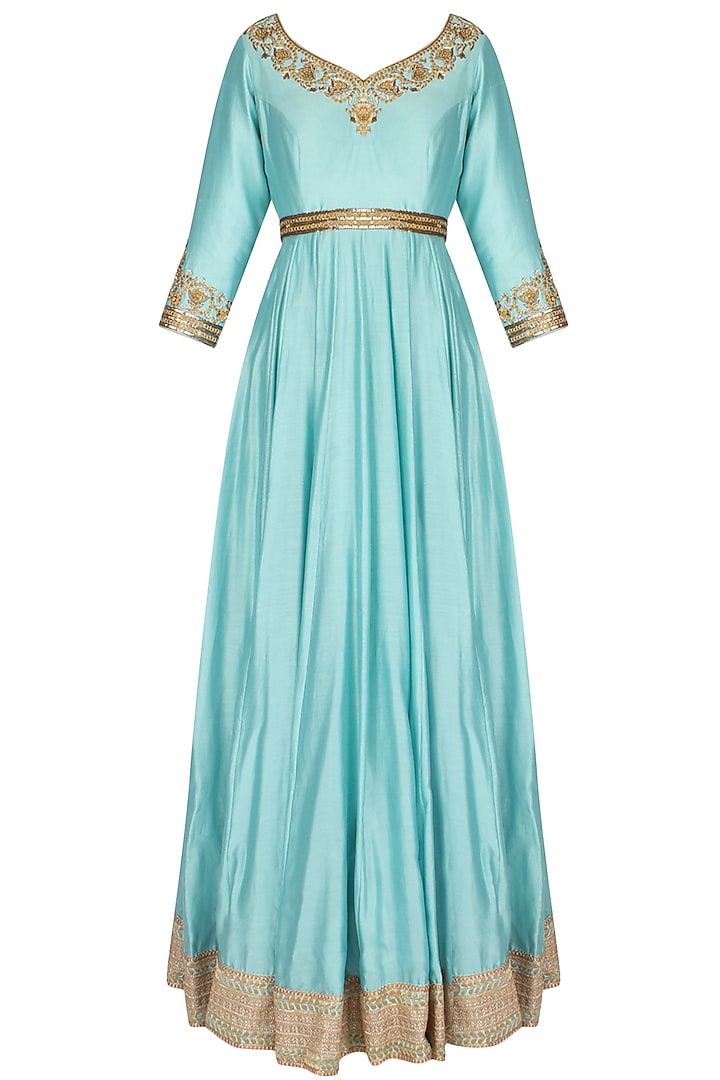 Ice Blue Metallic Floral Embroidered Anarkali Set by Sanna Mehan