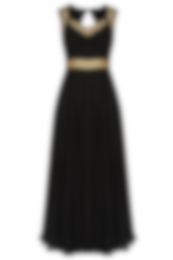 Black Floral Embroidered Pleated Evening Gown by Sanna Mehan