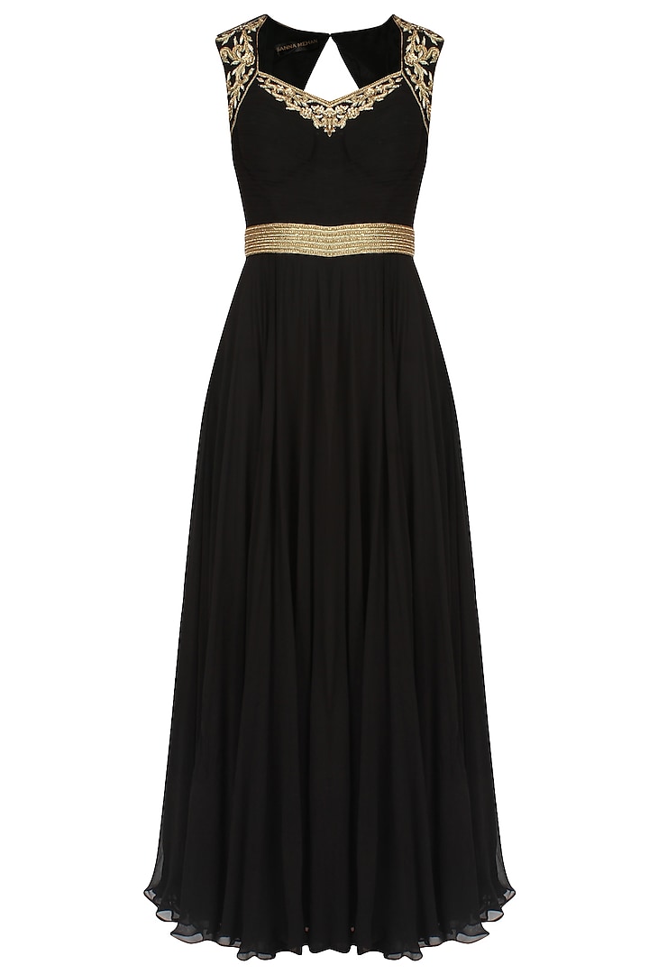 Black Floral Embroidered Pleated Evening Gown by Sanna Mehan