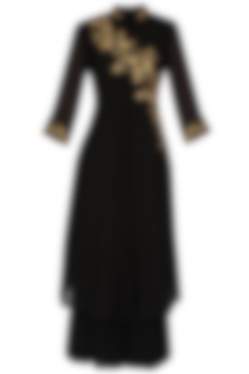 Black Asymmetric Embroidered Tunic Set by Sanna Mehan
