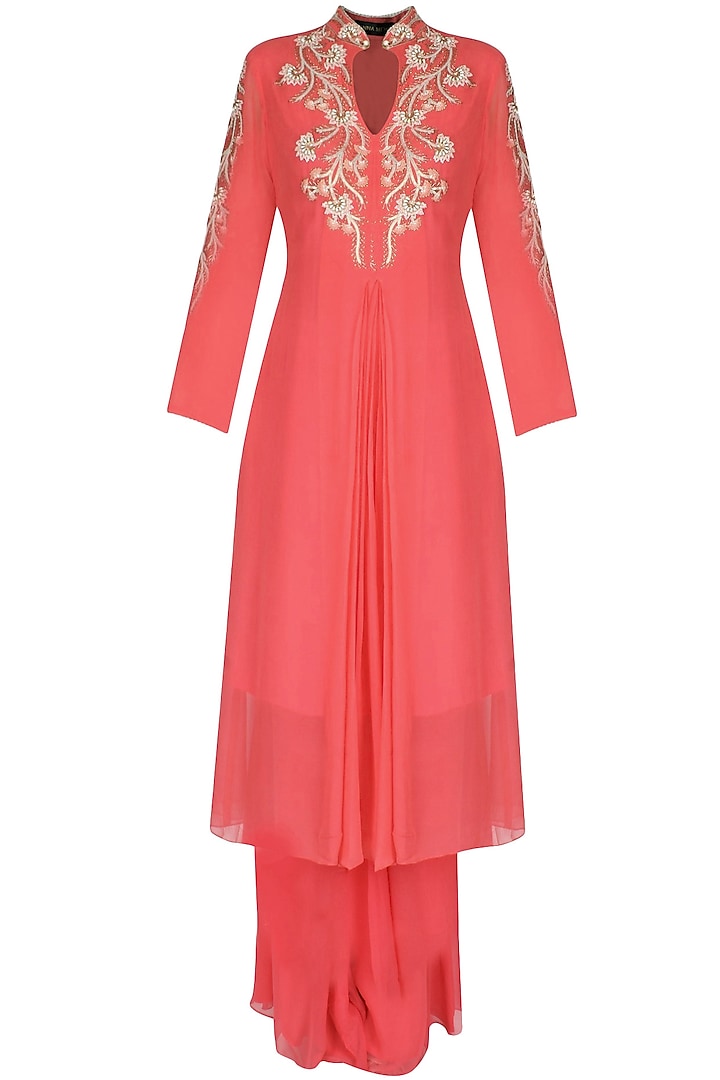 Coral Pearls And Zardozi Embroidered Tunic Set by Sanna Mehan