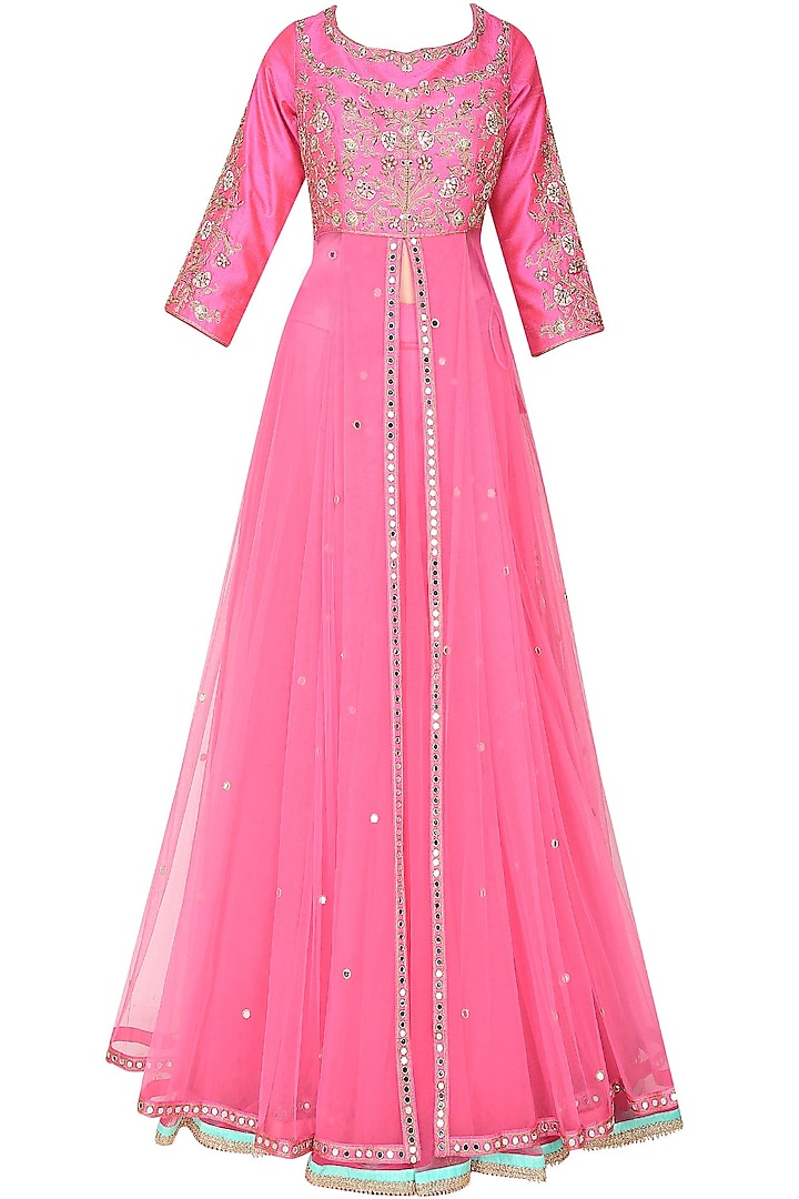 Hot pink floral embroidered anarkali kurta and skirt set by Sanna Mehan