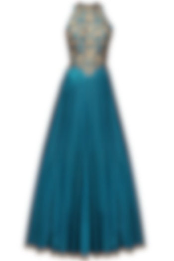 Teal double shaded zardozi and sequins embroidered halter style gown by Sanna Mehan