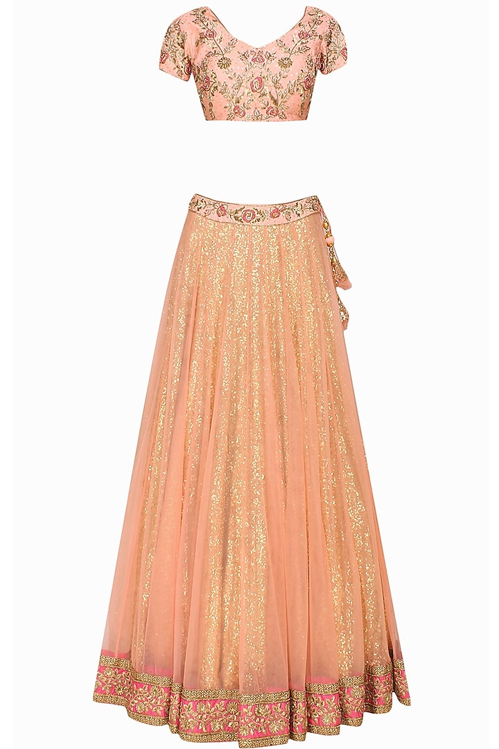 Salmon peach sequins and anchor embroidered lehenga and blouse set by Sanna Mehan