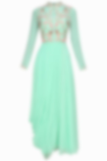 Baby blue floral embroidered pleated drape dress by Sanna Mehan