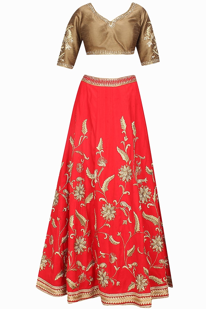 Scarlet red zardozi embroidered lehenga and copper blouse set by Sanna Mehan
