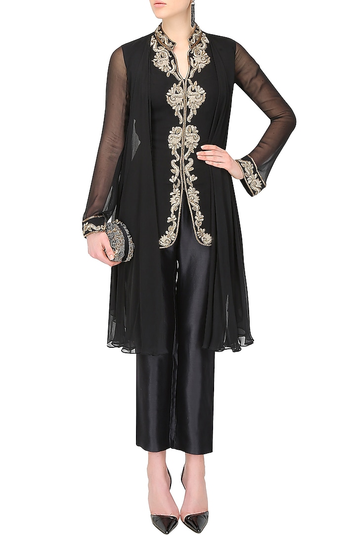 Black zardozi embroidered drape tunic and pants set available only at Pernia's Pop Up Shop.