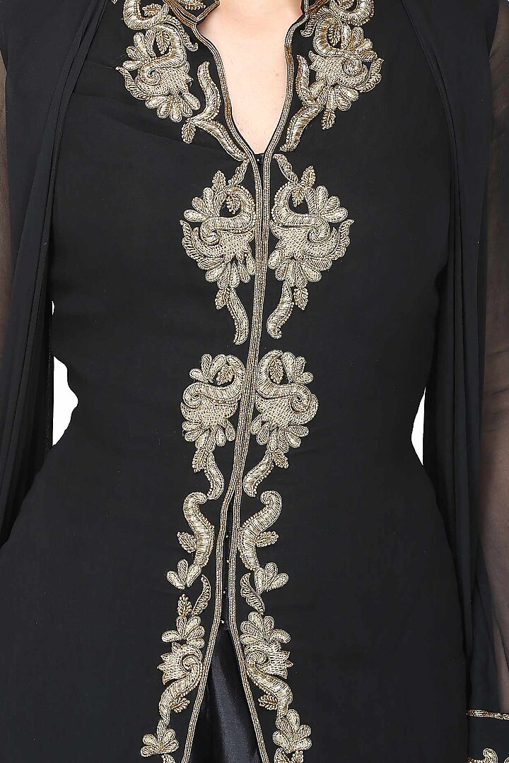 Black zardozi embroidered drape tunic and pants set available only at Pernia's Pop Up Shop.