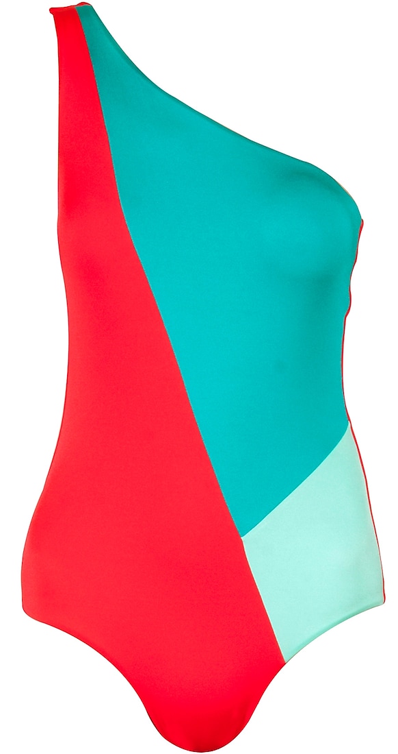 Cherry, capri and seychelles colour blocked maillot by Shivan & Narresh