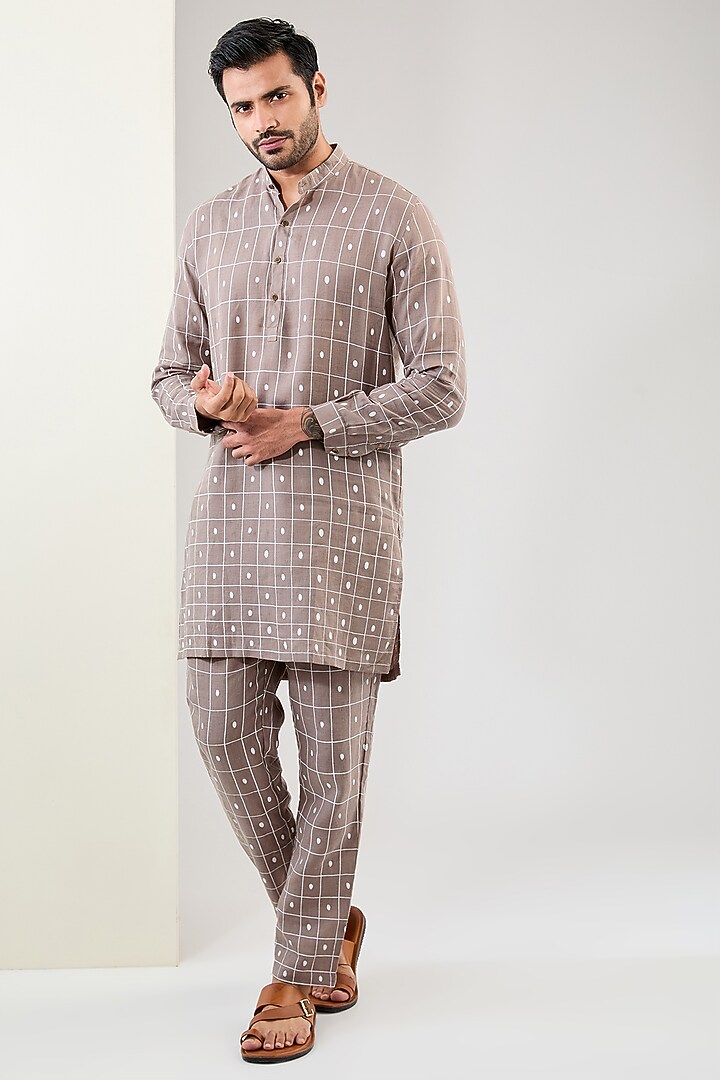 Stone Colored Linen Printed Kurta Set by Son Of A Noble SNOB Men at Pernia's Pop Up Shop