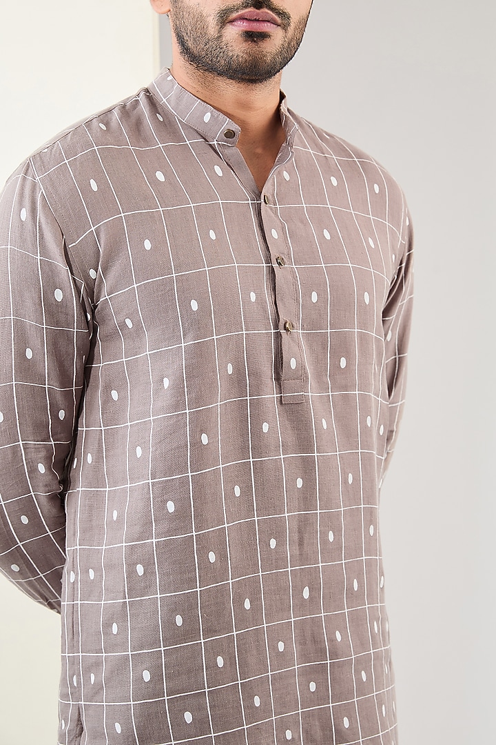 Stone Colored Linen Printed Kurta Set by Son Of A Noble SNOB Men at Pernia's Pop Up Shop