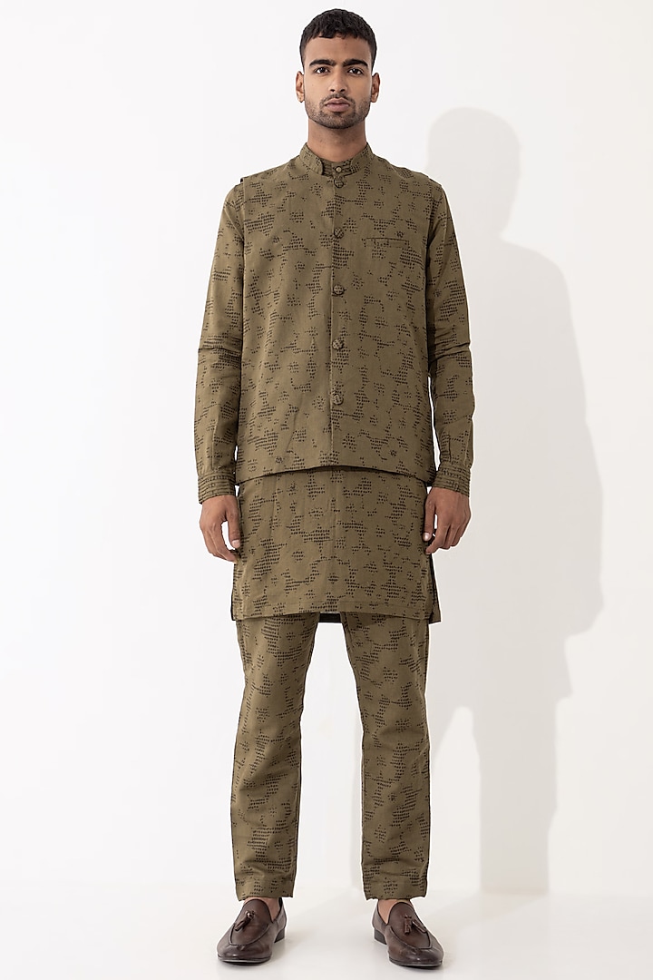 Brown Linen Printed Bundi Jacket Set by Son Of A Noble SNOB Men at Pernia's Pop Up Shop