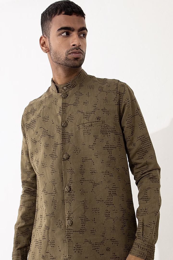 Brown Linen Printed Bundi Jacket Set by Son Of A Noble SNOB Men at Pernia's Pop Up Shop