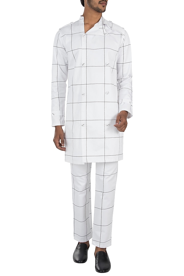 White printed trench jacket by Son Of A Noble SNOB at Pernia's Pop Up Shop