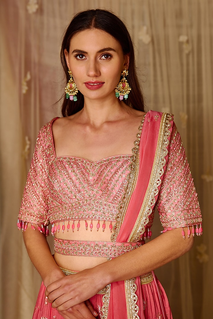 Coral Pink Brocade Embroidered Wedding Lehenga Set by Shyam Narayan Prasad at Pernia's Pop Up Shop