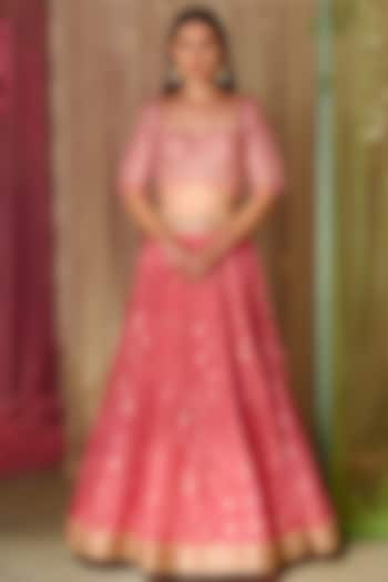 Coral Pink Brocade Embroidered Wedding Lehenga Set by Shyam Narayan Prasad at Pernia's Pop Up Shop