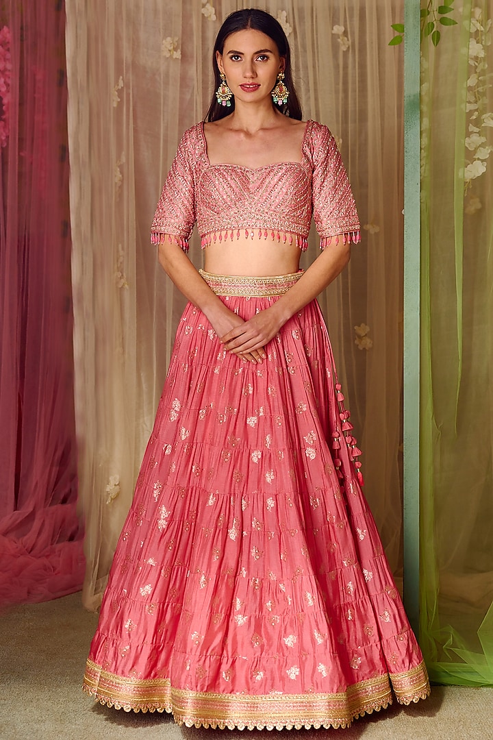 Coral Pink Brocade Embroidered Wedding Lehenga Set by Shyam Narayan Prasad at Pernia's Pop Up Shop