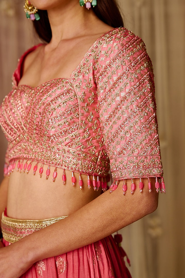 Coral Pink Brocade Embroidered Wedding Lehenga Set by Shyam Narayan Prasad at Pernia's Pop Up Shop